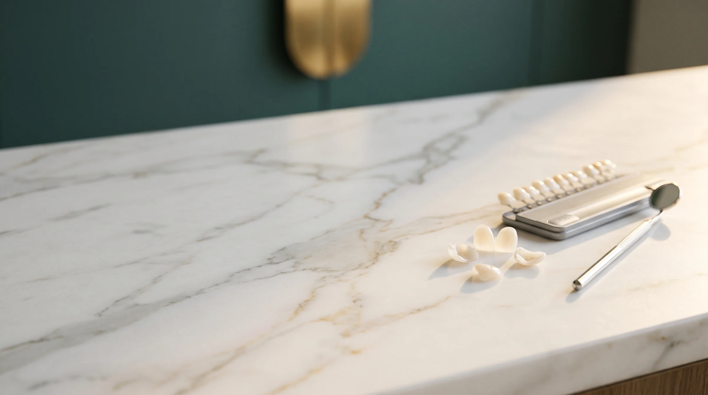 Facetas de porcelana e escala de cores de dentes sobre mármore